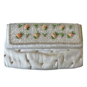 Vintage 1950s Soure Beaded Envelope Clutch Bag Silk 3D Roses Cream Pink GUC